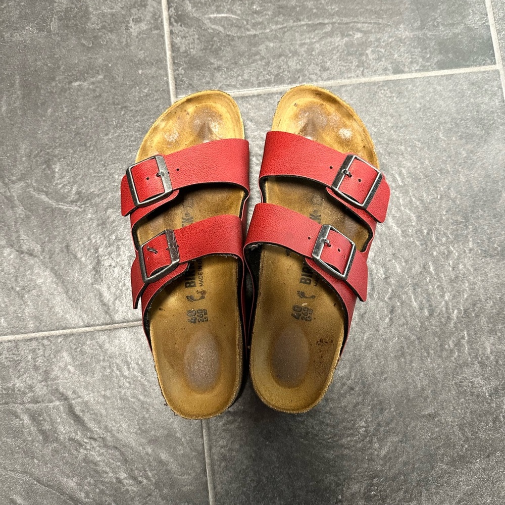 Birkenstock Red and Tan Sandals with Contoured Footbed